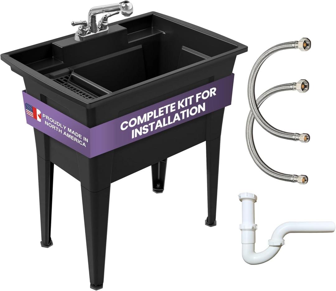 Freestanding Utility Sink with Two Handle Chrome Faucet - 32" Plastic Utility Sink for Garage, Laundry, Indoor and Oudoor Use - Laundry Tub Kit by Noah William Home - Black (25.6 gal)