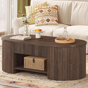 Coffee Table with Storage, Mid Century Modern Wood Fluted Center Table with Shelf, Oval Coffee Tables with Drawer (Dark Walnut, 43.31 Inch)