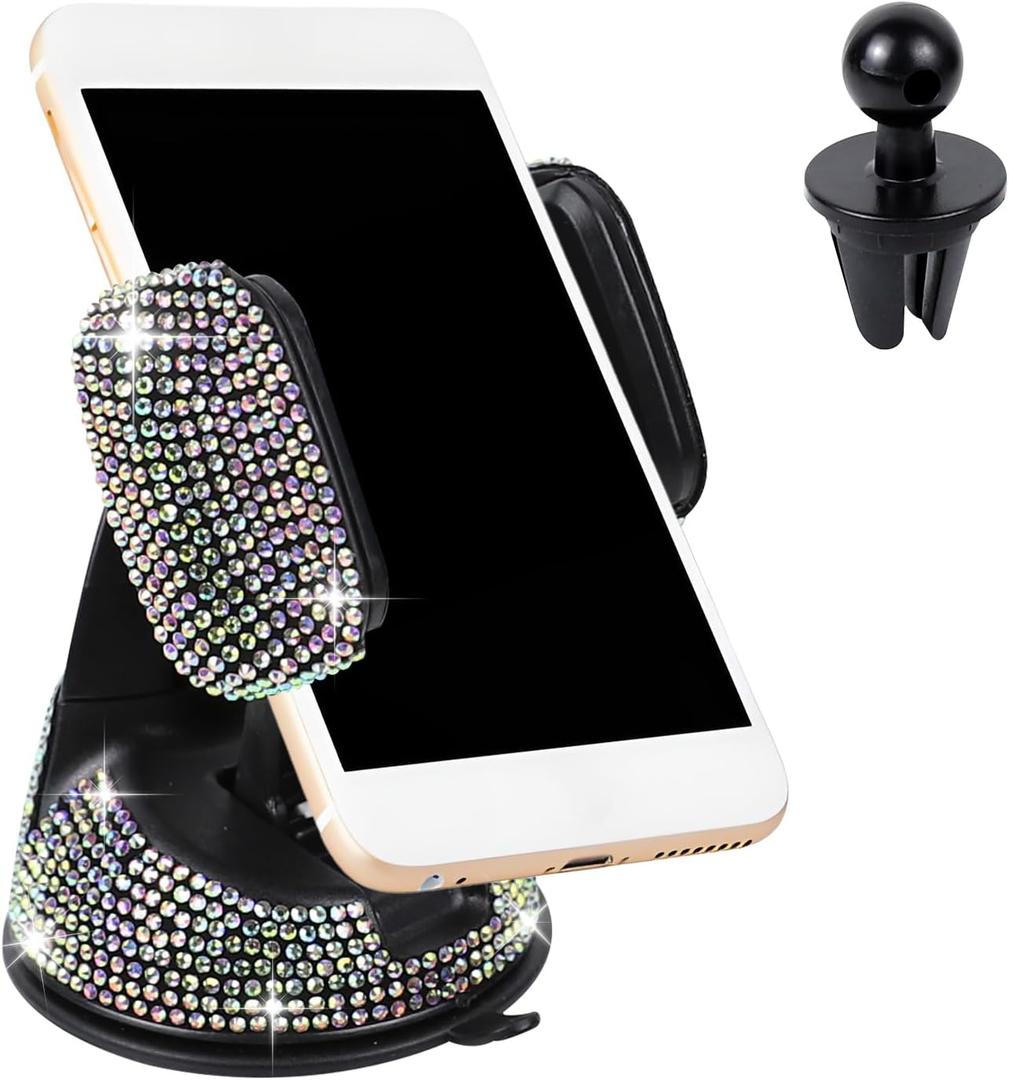 Bling Phone Holder for Car, Rhinestone Cell Phone Holder for Dashboard Windshield, 360 Adjustable Car Phone Mount with Air Vent Base, Universal Phone Holder Car Accessories (Colorful)