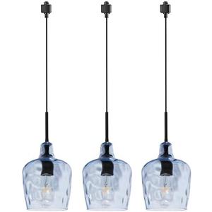 VINLUZ 3-Pack Track Pendant Lighting Set with Black Finish and H-Type, Blue Clear Glass Chandelier Adjustable Hanging Light for Dining Room Kitchen