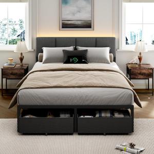 Furnulem Full Size Bed Frame with Headboard,Upholstered Bed Full with LED Light,USB Charging Station,Platform Bedframe with 2 Fabric Underbed Storage Drawers,No Spring Box Needed