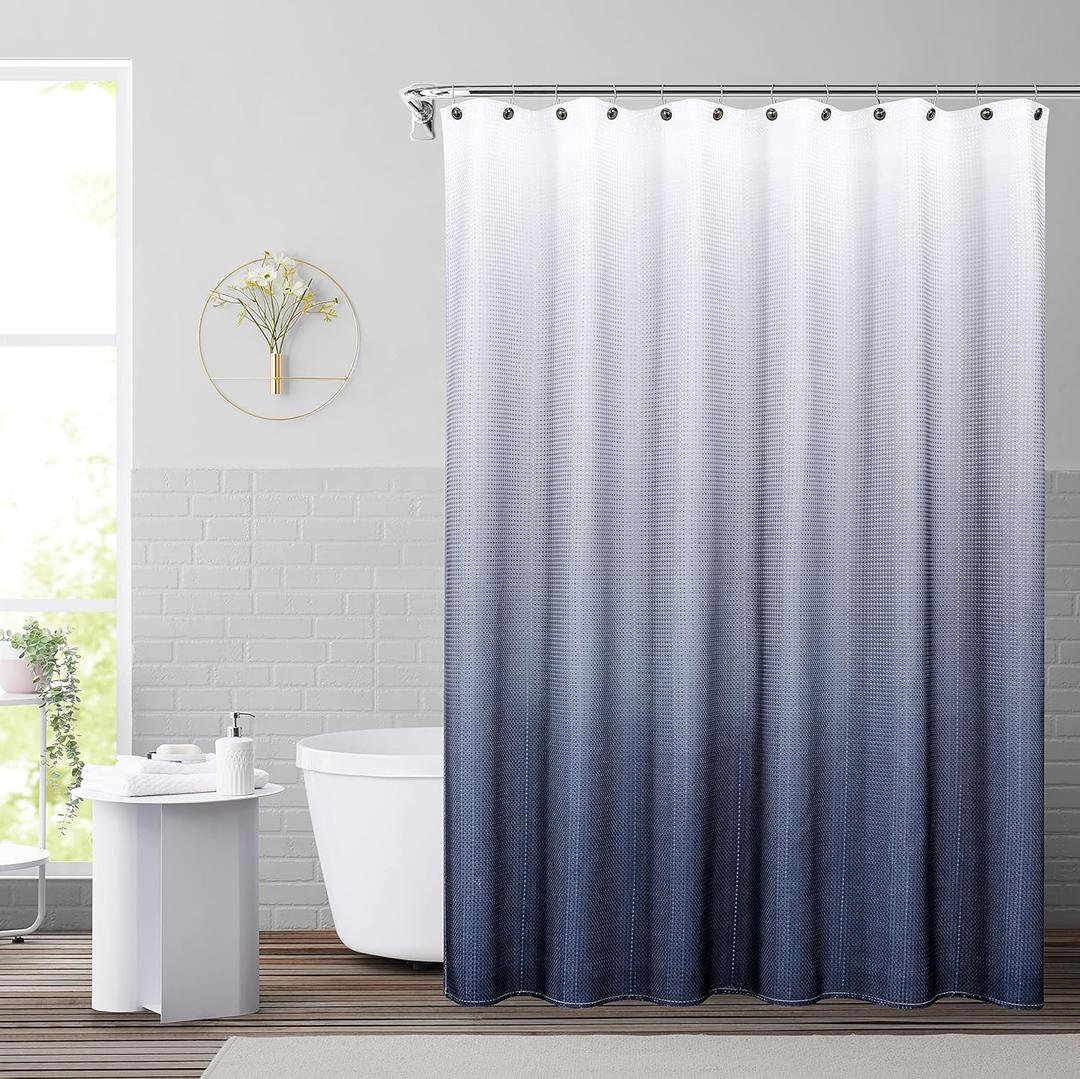WEST LAKE White and Navy Blue Ombre Waffle Shower Curtain Waterproof Decorative No Hook Bathroom Shower Curtain with Grommet for Hotel Spa Machine Washable Gradient Indigo, 70" Wx72" L