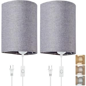 Wall Sconces Set of 2, Plug in Wall Sconces with On/Off Switch, 3-Color Selectable (3000K/4000K/6000K), Fabric Linen Lamp Shades, No Wiring Required, Ideal for Bedroom, Living Room, and Porch (Grey) (Gray)