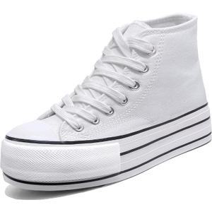 Women's Platform Sneakers Canvas Low Top, 4cm Height Increasing Chunky Shoes for Girls, Classic Casual Walking Footwear (10, Highwhite)