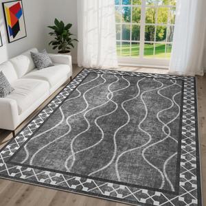DweIke 4x6 Area Rugs for Living Room, Machine Washable Bordered Rug for Bedroom, Luxury Rubber Backing (Non-Slip) Low Pile Throw Carpet for Dining Room Kitchen Home Decor, Black Grey