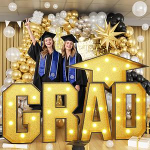 Grad Light Up Letters 3FT for 2025 Graduation Decorations, Gold Large Grad Marquee Letter with Lights Graduation Cap, Grad Letters Pre-Cut Frame for Class of 2025 High School College Grad Party
