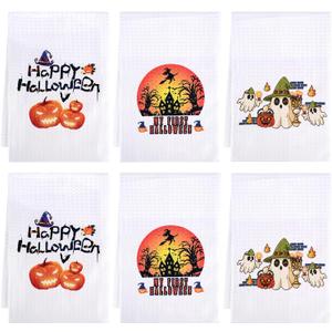 SUNLAND Halloween Kitchen Towels Home Decorative Holiday Kitchen Towel Fast Drying Tea Towel Night of Terror, Trick or Treat,Pumpkin and Ghost Dish Towels 16 Inch X 24 Inch Set of 6