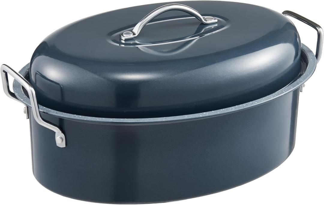 HONGBAKE 18 Inch Turkey Roasting Pan with Rack and Lid  Large Gray Carbon Steel Roaster Pan for 20 lb Turkey, Oven Safe Baking Pan for Holiday Meals & Thanksgiving