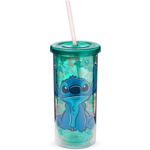 Silver Buffalo Disney Lilo and Stitch Tropical Pattern Plastic Tall Cold Cup with Lid and Straw, 20 Ounces