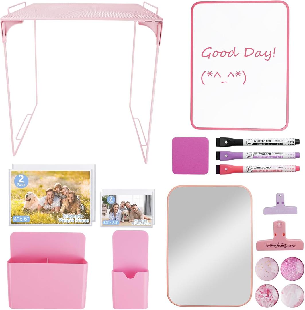 19 PCS Locker Accessories with Locker Shelf, Pink Locker Decorations for Girls, Back to School Essentials Magnetic Locker Organizer, Mirror, Whiteboard, Pen Holders, Magnetic Picture Frame and Magnets, 11.02 x 12.99 x 2.36 inches