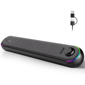 Desktop Computer Speakers, Stereo Soundbar, Bluetooth 5.3, USB/USB-C Power and Audio Transmission, Plug-and-Play, Compatible with PC, Mac, Laptops, Monitors, RGB Lighting, Wired Gaming Speakers
