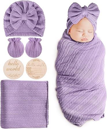 AQOKKA Newborn Receiving Blanket with Bow Hat Mittens Wooden Card Set Wheat-Pattern Newborns Toddler Baby Boy Girl Nursery Swaddle Wrap 3_6 Month