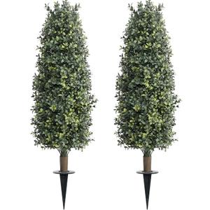 36" Artificial Boxwood Topiary Trees with Ground Spike Set of 2, Outdoor 3ft Faux Boxwood Topiaries Cone Bushes Trees Fake Shrubs Plants Front Porch Decor Outside Garden