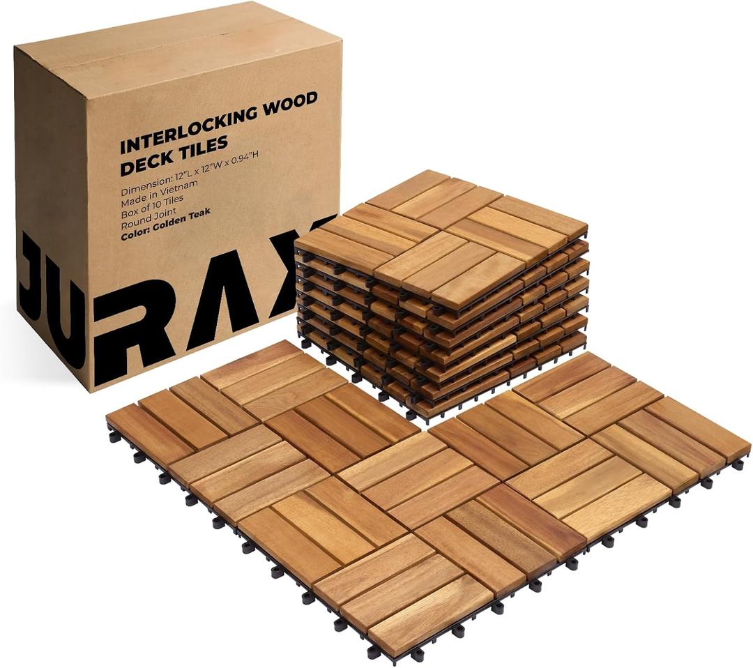 Premium Patio Deck Tiles, 10 PCs 12x12 Snap Together Patio Flooring for Outdoor, Balcony, Porch, Poolside, Waterproof All Weather (Golden Teak)