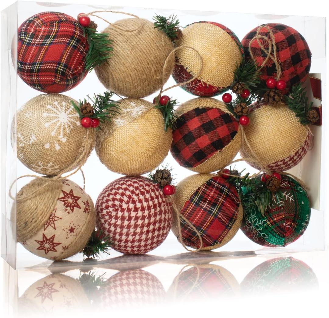 12 Pcs Burlap Christmas Ball Ornaments, 3.15 Inches Rustic Buffalo Plaid Christmas Tree Ornaments, Natural Jute Farmhouse Decorations for Xmas Tree, Holiday, Party