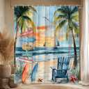 Tropical Ocean Beach Shower Curtain Sea Sunset Palm Tree Starfish Surfboard Coastal Nautical Sailboat Seagull Watercolor Seaside Scenery Bathroom Decor Polyester Curtains with Hooks,70Wx70L
