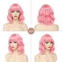 Short Pink Wavy Wigs with Bangs Pink Bob Wig for Women 12 Inch Colored Wig Synthetic Fiber Hair Wigs for Halloween Cosplay Use