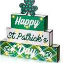 St Patrick's Day Decor Wooden Sign 13 LED Lights Happy St Patrick's Day Light up Wood Block Set Farmhouse Battery Operated Lucky Decorations for Table Mantle Centerpiece Tiered Tray Gifts