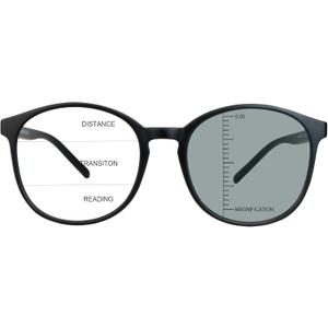 Vintage Round Progressive Multifocal Presbyopic Glasses, Photochromic Gray Sunglasses for Men Women Readers (+0.00/+1.25 Magnification) (Black)