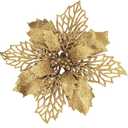 24 Pcs Christmas Gold Glittered Mesh Holly Leaf Artificial Poinsettia Flowers Picks Tree Ornaments 5.9" W for Gold Christmas Tree Wreath Garland Floral Gift Winter Wedding Holiday Decoration