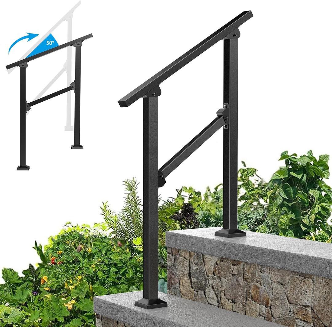 Outdoor Metal Handrails for Steps  Exterior Stair Railing for Concrete Steps, Porch, Adjustable, Easy to Install, 2 Step