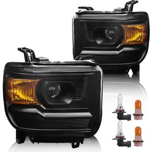 Headlight Assembly Compatible with GMC Sierra 2014-2018 1500 | 2015-2019 2500HD/3500HD Base/Denali/SLE/SLT, Halogen Headlamp Replacement W/O LED DRL, With Bulbs, Black Housing Amber Reflector