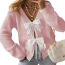 Cakulo Womens Bow Tie Sweater V Neck Cardigan Sweaters Lightweight Fall Fashion Knit Cardigans Winter Clothes 2025 Pink, Medium