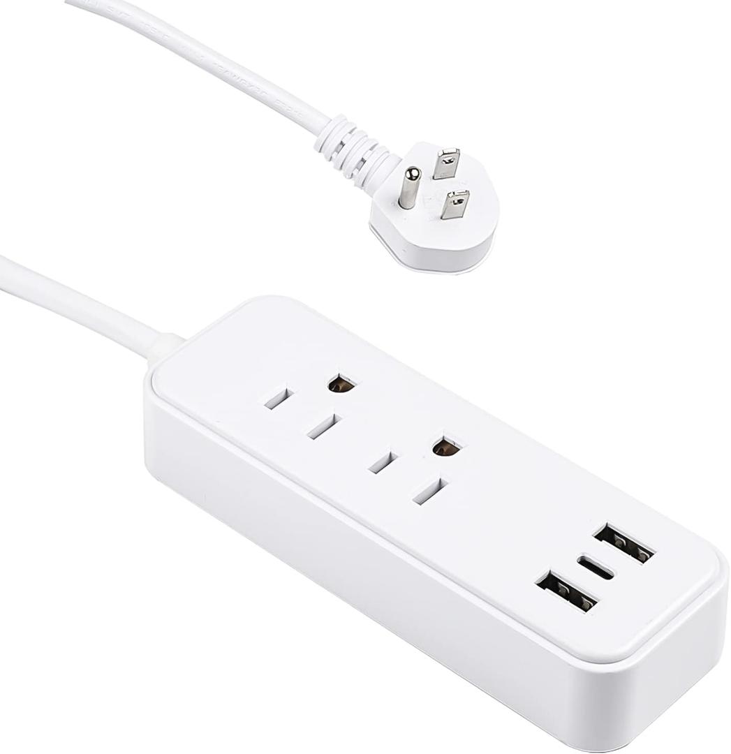 Clear Power 2-Outlet Power Strip with 3 USB Ports (1 USB-C), Flat Plug, 6 ft Power Cord, Desktop Charging Station with USB C, White, DC3S-1102-DC