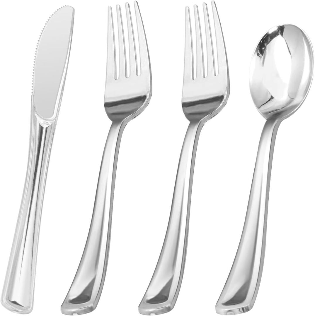 BESTVIP 60PCS Silver Plastic Silverware, Silver Disposable Utensils, Heavy Duty Cutlery Set of 30 Forks, 15 Spoons, 15 Knives for Party, Christmas, Wedding, Catering and Daily Use