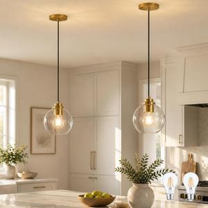 KoKo&Yukina 8" Globe Pendant Light 2 Pack Pendant Lights Kitchen Island Gold Clear Glass Pendant Lights Height Adjustable Mid Century Modern Light Fixture for Dining Room Bedroom Foyer Bulbs Incl.