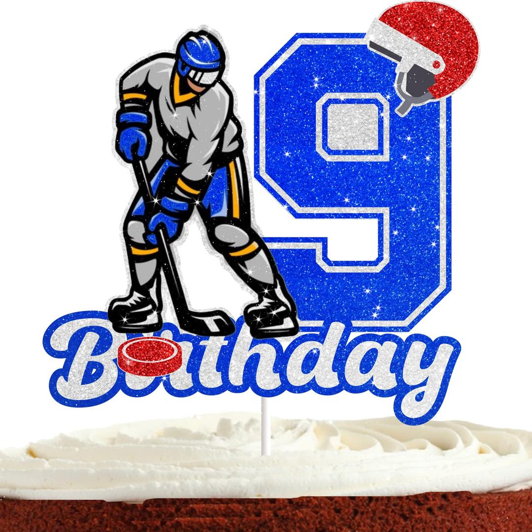 Hockey Cake Topper for Boys 9th Birthday Ice Hockey 9th Birthday Party Supplies Sport Hockey Ball Party Decorations Glitter Cheer to 9 Ice Hockey Cake Decorations