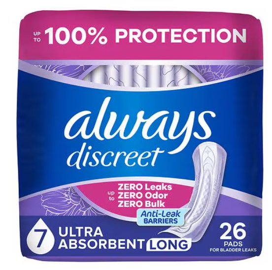 Always Discreet Adult Incontinence Pads for Women, Ultimate Extra Absorbency, Long Length, Postpartum Pads, 104 Count (4 Packs of 26)