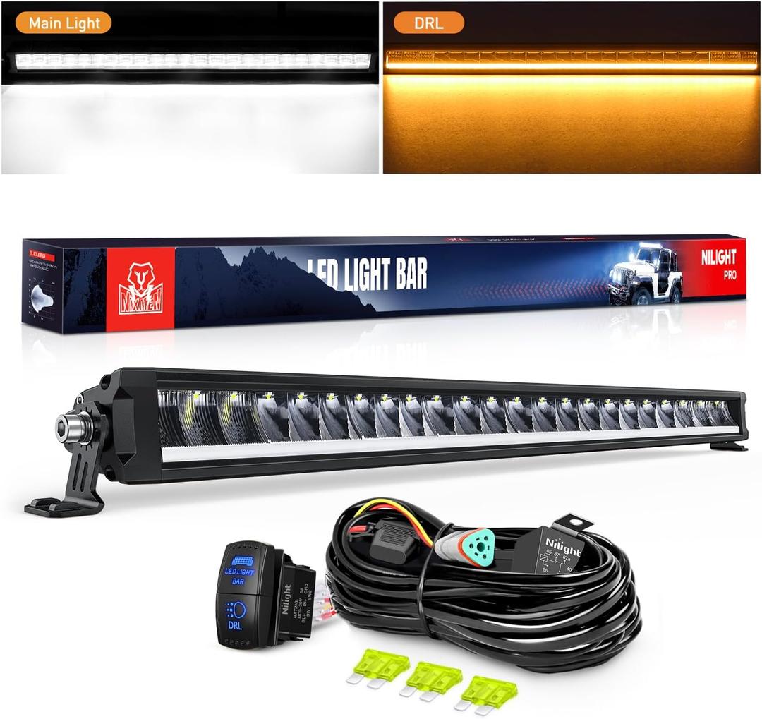 Nilight LED Light Bar with Amber DRL 30 Inch 120W Single Row Offroad Light Anti-Glare Flood Spot Combo LED Driving Bar IP68 w/ 14AWG DT Wiring Kit for Pickup Truck SUV ATV UTV Boat 4x4