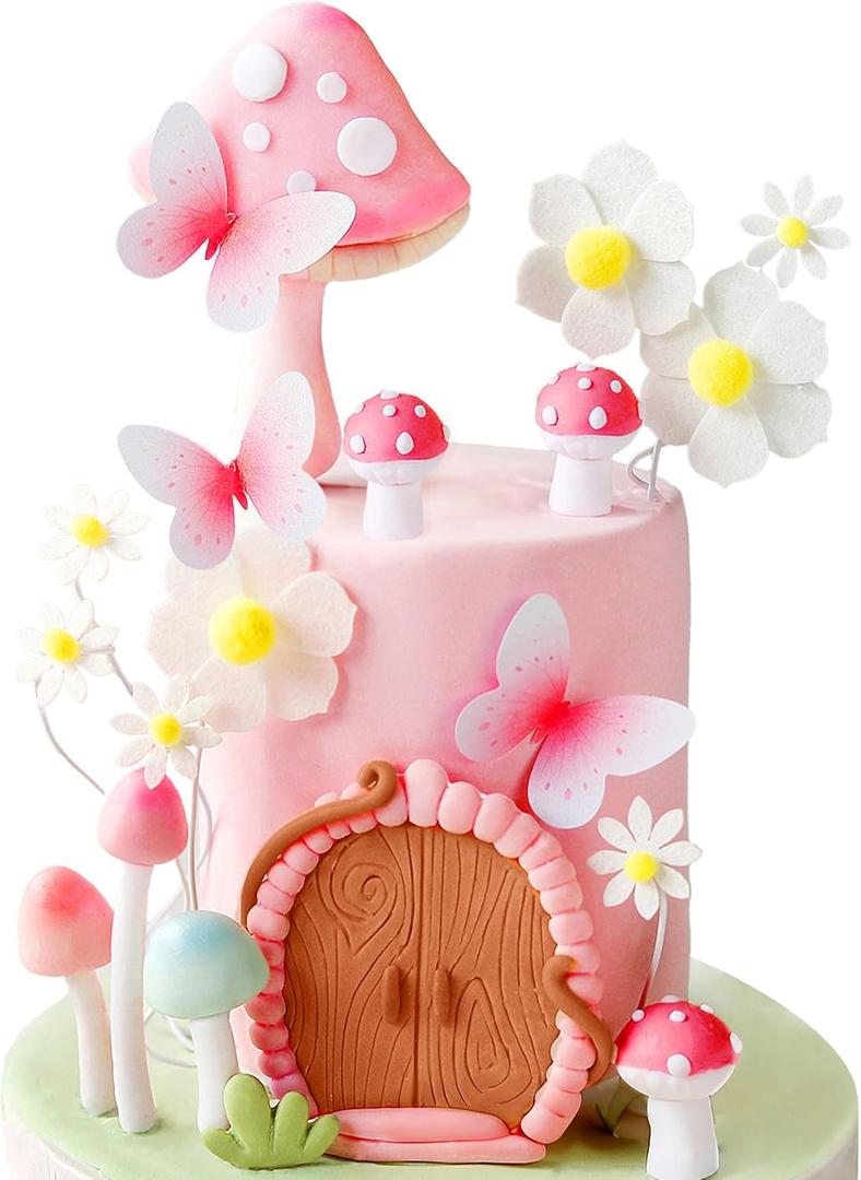 Pink Mushroom Cake Topper Fairy Birthday Party Decorations Forest Fairy Cake Decoration Woodland Mushroom Cottage Bridal Shower Wedding Flower Tea Party Supplies