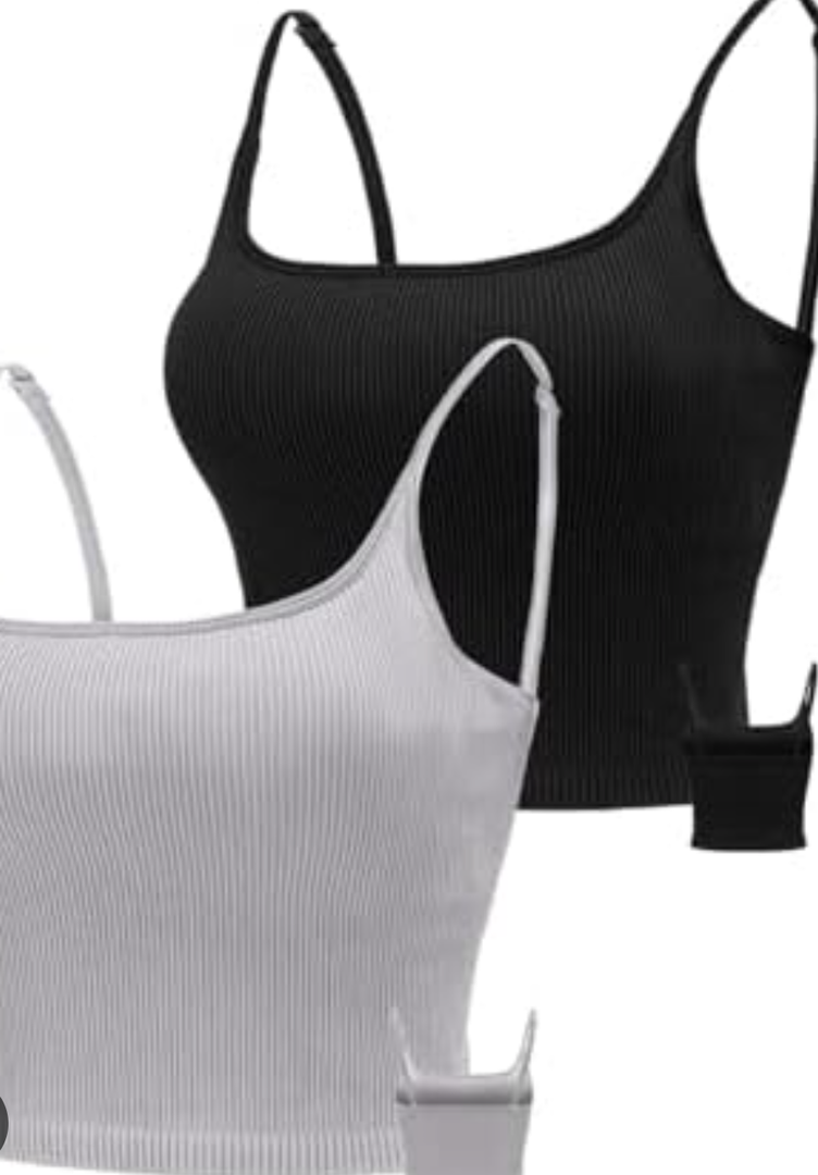 Chilylori Seamless Sports Bra Cropped Tank Top with Adjustable Straps Workout Tops Ribbed Sports Bra for Women Wireless Longline Crop Tank Padded Comfortable Brami 2 Pack Grey+Black M
