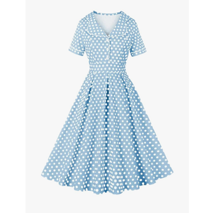 Women Lapel Short Sleeve Slim Printed Dress Vintage 50s 60s Swing A-Line Dress, Size M