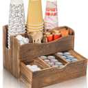Coffee Station Organizer, Wood Countertop Coffee Bar Supplies Caddy with 6 Compartments, Condiment Service Organizer Tea Holder for Coffee Cups, Syrup, Stirrers