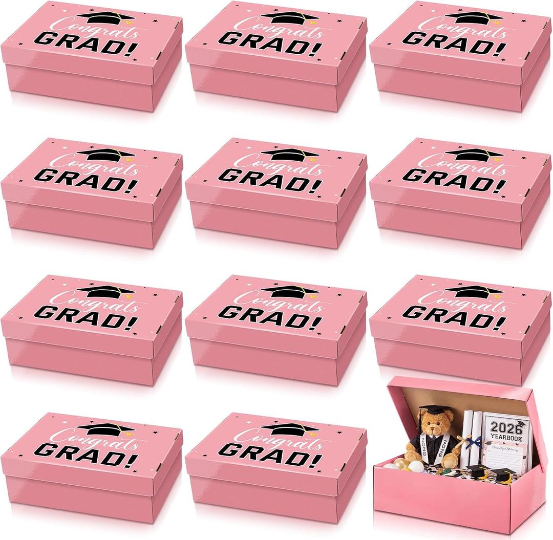Eersida 12 Pack Graduation Cap Gift Boxes 2026, 14 x 9 x 4 Inch Large Corrugated Keepsake Box Congrats Grad Candy Card Storage High School College Graduation Party Favors Gift for Girls Boy (Pink), 1 count