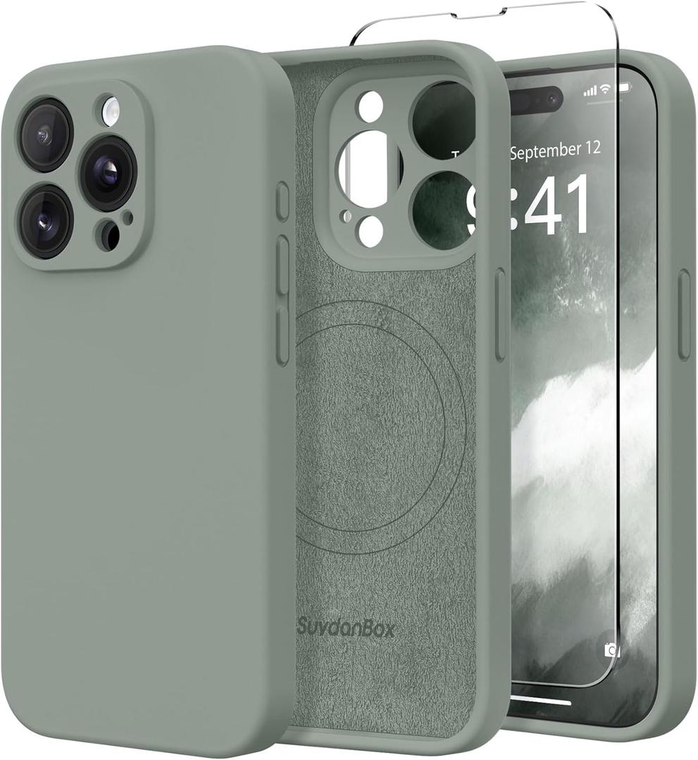 Magnetic for iPhone 15 Pro Max Case, Compatible with MagSafe, [Full Camera Protection][Screen Protector] Silicone Shockproof Protective Phone Case for iPhone 15 Pro Max 6.7", Calke Green | Magnetic, Screen Protector, Silicone, Shockproof
