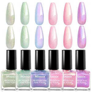 Misssix Pearl Nail Polish Set, 6 Colors Chrome Shimmer Pearl Pink Purple Quick Dry Nail Polish Long Lasting Fingernail Polish DIY Nail Lacquer Gift for Girls Women