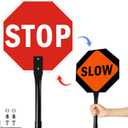 Stop Slow Sign with Metal Handle,12 x 12 inches Double Sided Stop Slow Sign, Light Weight Steel Hand Held Traffic Reflective Aluminum Crossing Guard Stop Sign, Easy to Mount