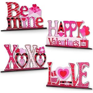4pcs Galentines Day Decorations Valentines Centerpieces for Tables Wooden Base Pink Xoxo for Ladies Party Tiered Tray Table Decor Holiday Mantel Home Party Supplies