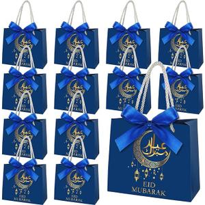 Gueevin 24 Pcs Eid Mubarak Party Gift Bags Moon Star Goodie Paper Treat Bags with Handles and Ribbon for Eid Mubarak Ramadan Kareem Muslim Party Supplies Favors Decorations