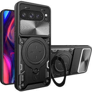Fofvccv Case for Google Pixel 10 Pro XL with Slide Camera Lens Cover for Men, Military Shockproof Protective Cover with Magnetic Ring Kickstand for Google Pixel 9 Pro XL JS Black
