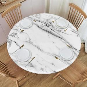 Fiokroo Black and White Marble Texture Tablecloth with Elastic Edge, Round Table Cloth Washable Reusable Table Cover for Kitchen Dining Party Picnic, Medium (Suitable for 30-35 in)