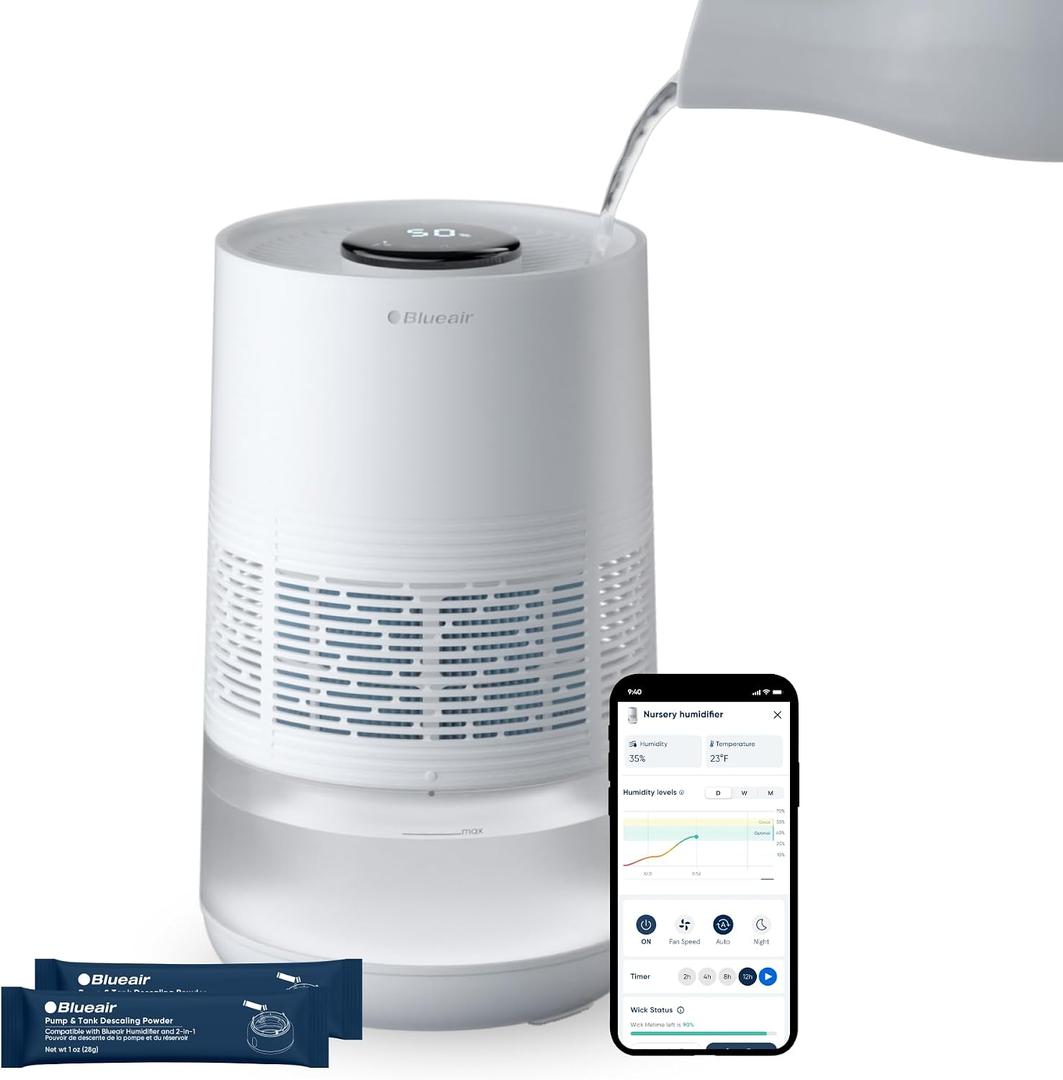 BLUEAIR Premium Smart Humidifier for Large Rooms, Bedrooms, Better Sleep with Evaporative Invisible Mist Tech, Auto Humidify, Easy Top Fill, Smart Control with App, Touchscreen, 3.5L Tank for 48 hours