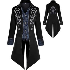 Medieval Clothing Men's Costumes Steampunk Jacket, Victorian Gothic Tailcoat, Halloween Pirate Vampire Costumes, XL