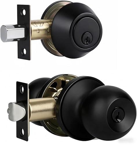 Front Door Lock Set Exterior Door Lock Set with Deadbolt, Single Cylinder Deadbolt Lock and Door Knob Set, Keyed Alike,Matte Black Door Knob and Deadbolt Set(1Pack Set)