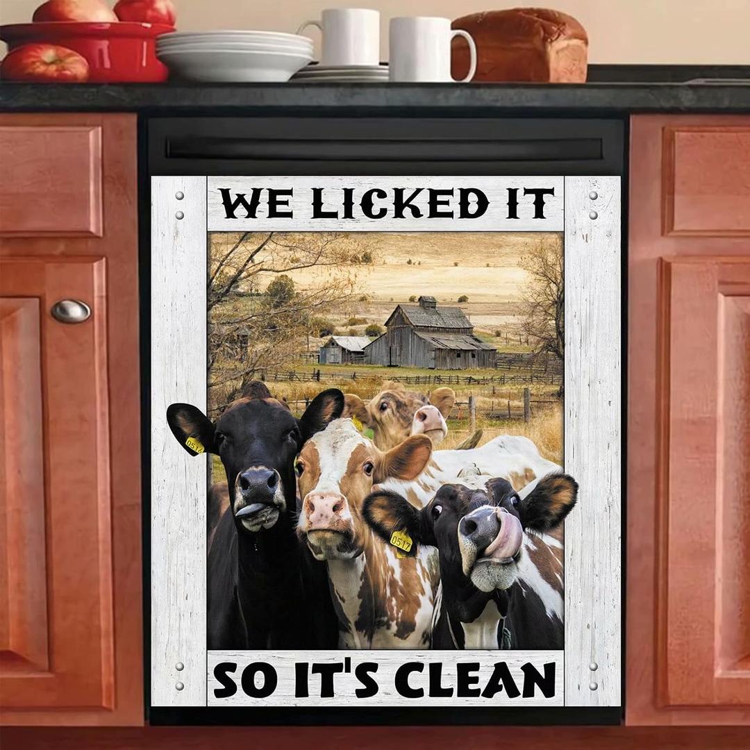 Cow Magnet Dishwasher Cover, Rural Farm Decor Refrigerator Magnets Decorative Funny Fridge Magnetic Kitchen Decal Vinyl Panel Decorative 23" W x 26" H