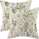 AEIOAE Spring Pillow Covers 18x18 Inch Set of 2,Sage Green Wild Flower Plant Throw Pillows Case,Seasonal Floral Outdoor Decorative Square Linen Farmhouse Decor Cushion Covers for Home Sofa Bed Couch